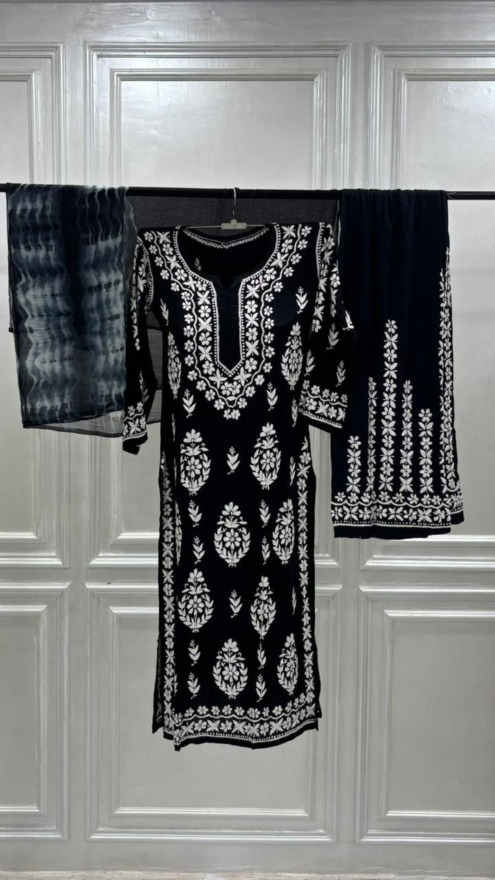 PREMIUM RIYON HANDCREAFTEDCHUKANKARI KURTI SET WITH DUPATTA