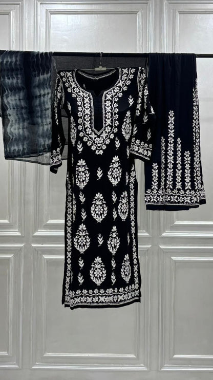 PREMIUM RIYON HANDCREAFTEDCHUKANKARI KURTI SET WITH DUPATTA