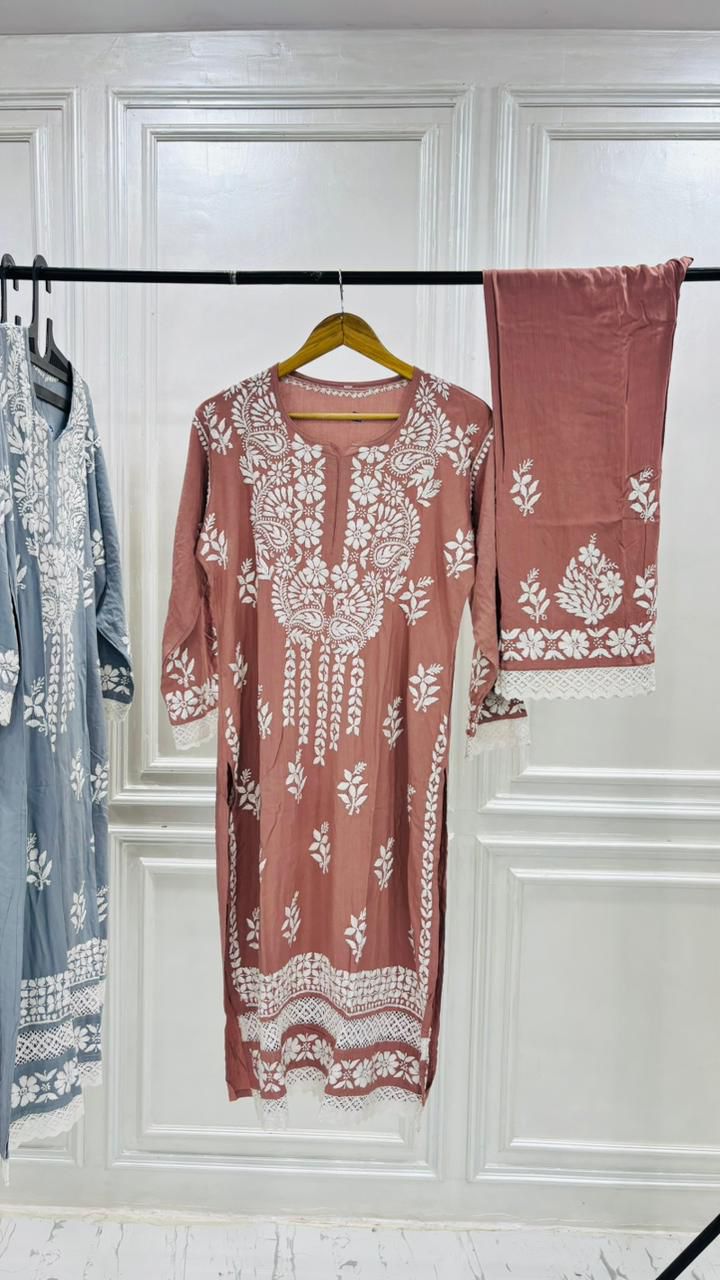 PREMIUM RIYON HANDCREAFTEDCHUKANKARI KURTI SET WITH DUPATTA