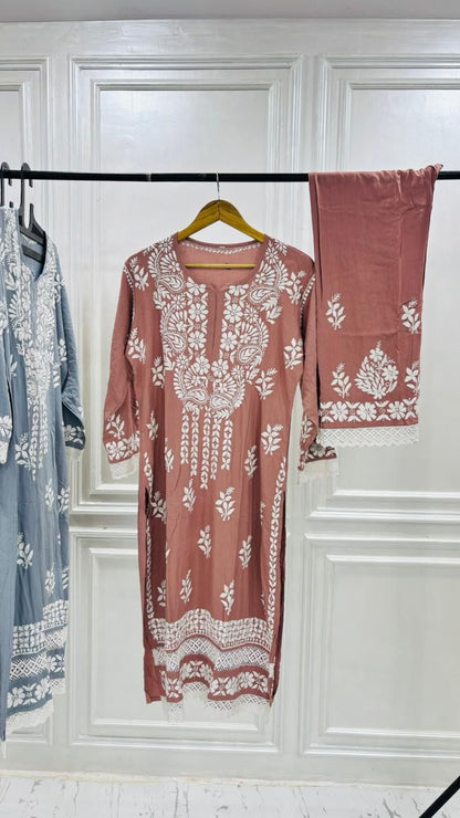 PREMIUM RIYON HANDCREAFTEDCHUKANKARI KURTI SET WITH DUPATTA