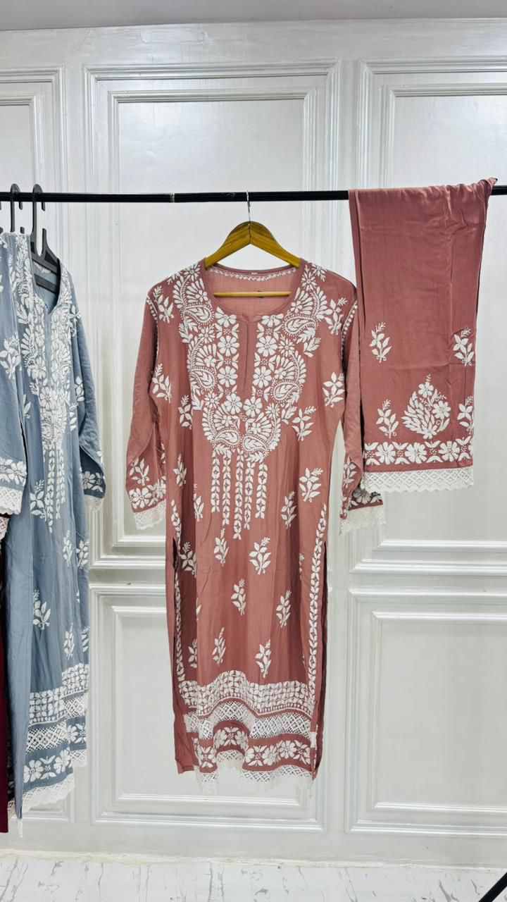 PREMIUM RIYON HANDCREAFTEDCHUKANKARI KURTI SET WITH DUPATTA