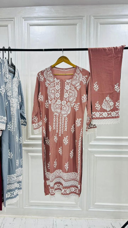 PREMIUM RIYON HANDCREAFTEDCHUKANKARI KURTI SET WITH DUPATTA