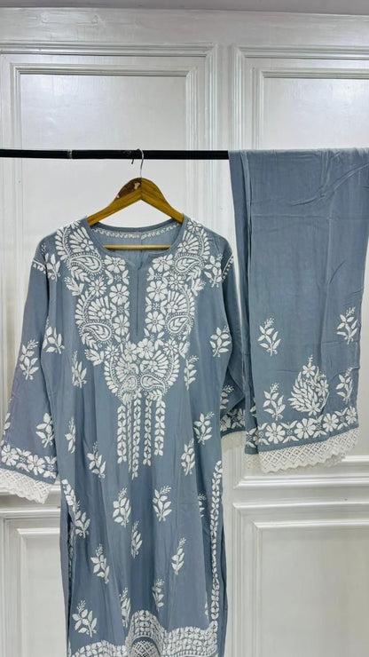 PREMIUM RIYON HANDCREAFTEDCHUKANKARI KURTI SET WITH DUPATTA
