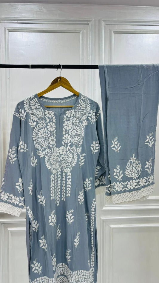 PREMIUM RIYON HANDCREAFTEDCHUKANKARI KURTI SET WITH DUPATTA