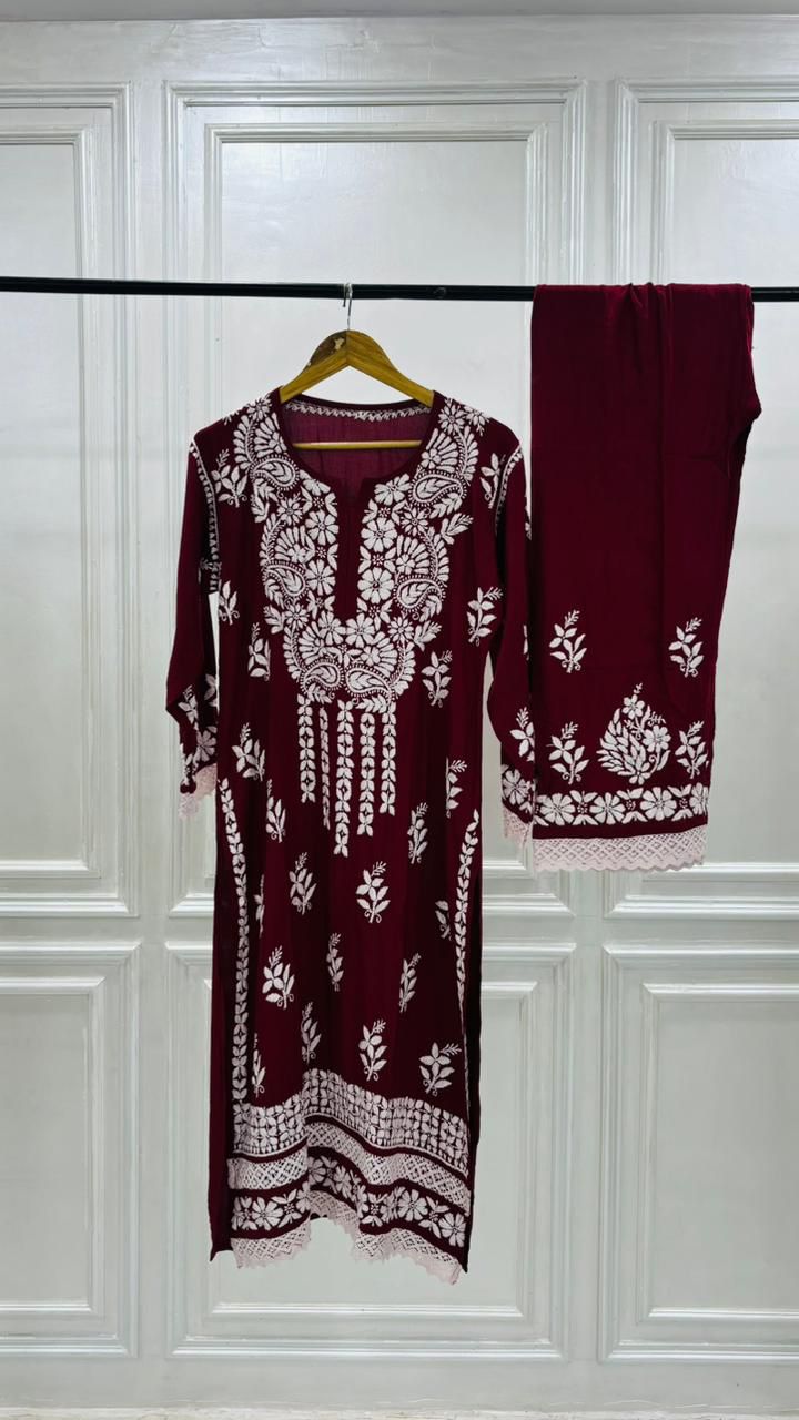 PREMIUM RIYON HANDCREAFTEDCHUKANKARI KURTI SET WITH DUPATTA
