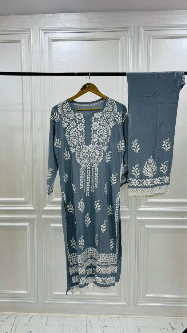 PREMIUM RIYON HANDCREAFTEDCHUKANKARI KURTI SET WITH DUPATTA