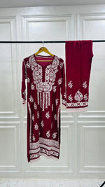 Load image into Gallery viewer, PREMIUM RIYON HANDCREAFTEDCHUKANKARI KURTI SET WITH DUPATTA
