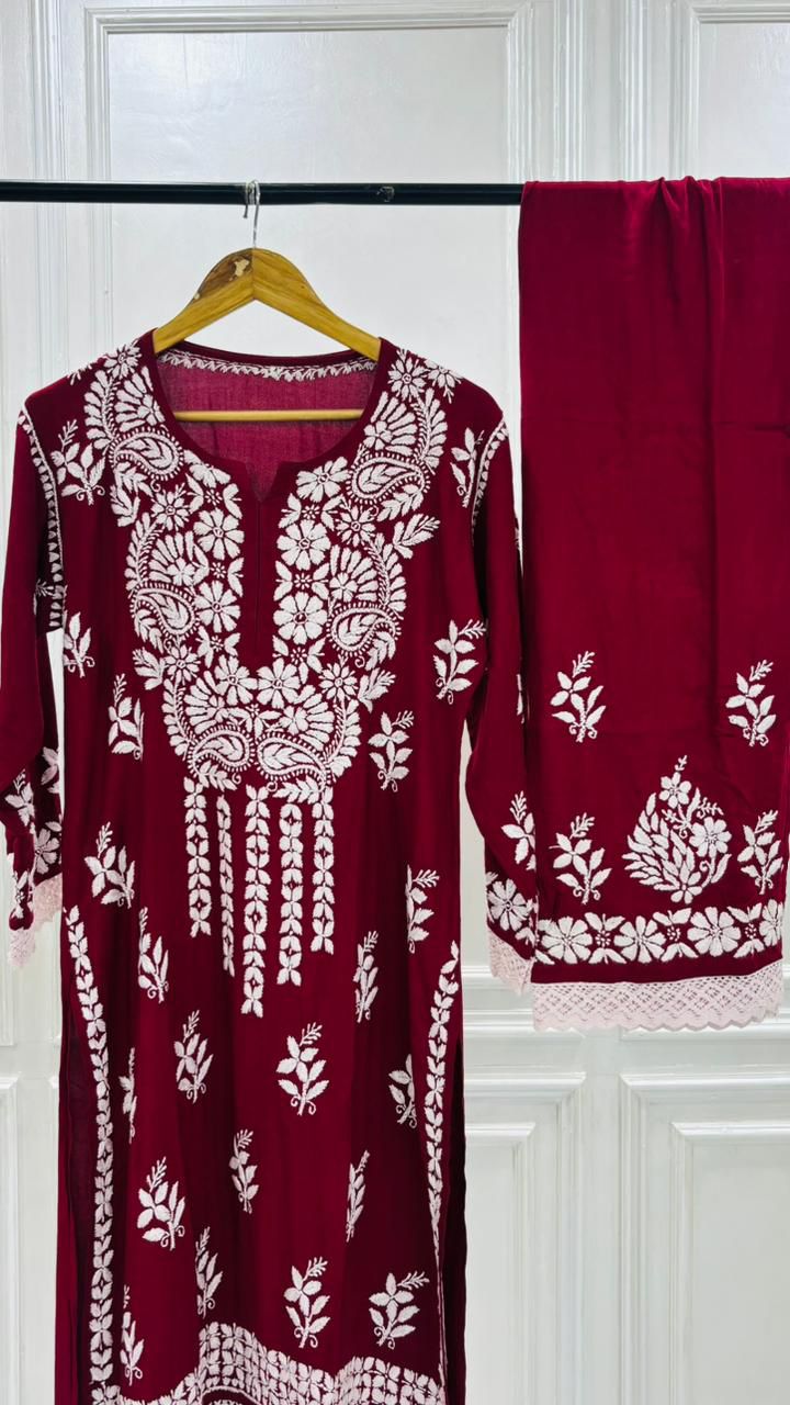 PREMIUM RIYON HANDCREAFTEDCHUKANKARI KURTI SET WITH DUPATTA