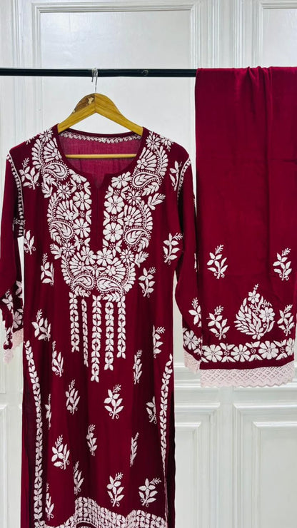 PREMIUM RIYON HANDCREAFTEDCHUKANKARI KURTI SET WITH DUPATTA