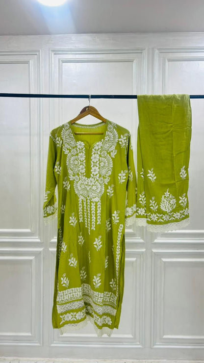 PREMIUM RIYON HANDCREAFTEDCHUKANKARI KURTI SET WITH DUPATTA