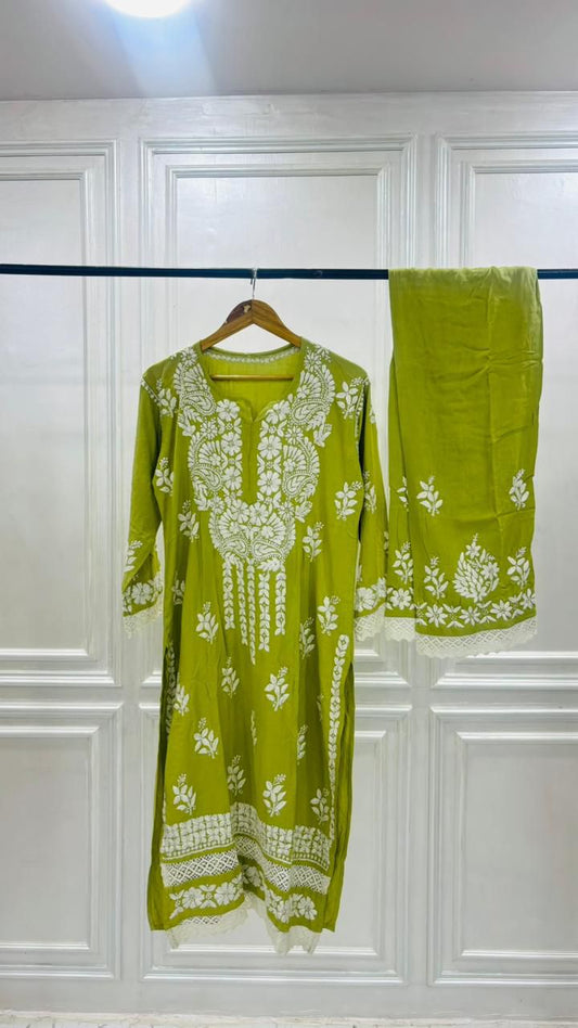 PREMIUM RIYON HANDCREAFTEDCHUKANKARI KURTI SET WITH DUPATTA