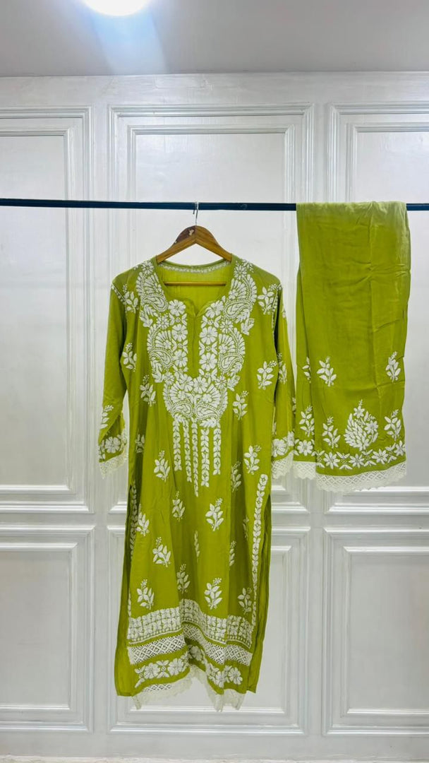 PREMIUM RIYON HANDCREAFTEDCHUKANKARI KURTI SET WITH DUPATTA
