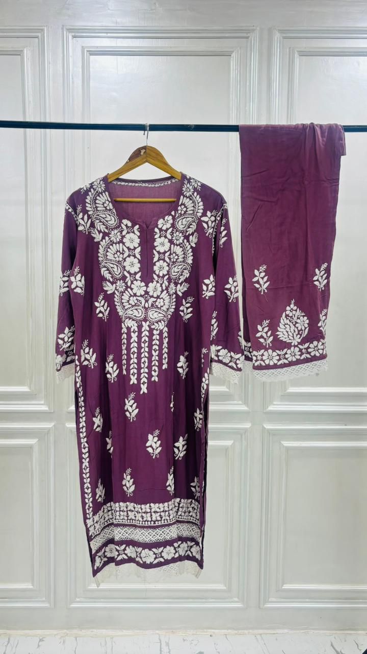 PREMIUM RIYON HANDCREAFTEDCHUKANKARI KURTI SET WITH DUPATTA