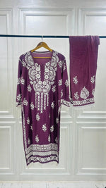 Load image into Gallery viewer, PREMIUM RIYON HANDCREAFTEDCHUKANKARI KURTI SET WITH DUPATTA
