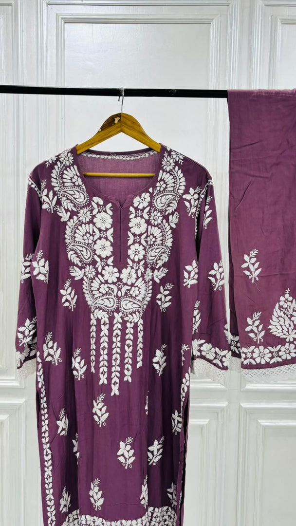 PREMIUM RIYON HANDCREAFTEDCHUKANKARI KURTI SET WITH DUPATTA
