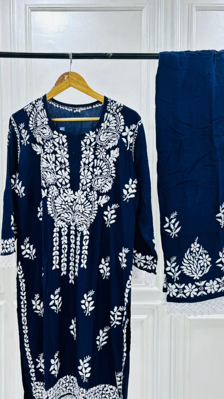 PREMIUM RIYON HANDCREAFTEDCHUKANKARI KURTI SET WITH DUPATTA