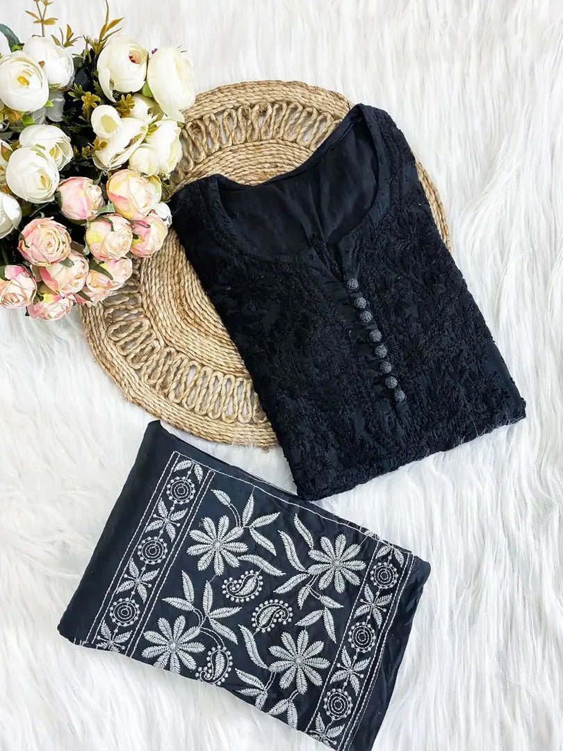 Cotton Dyed Chikankari Co-Ord Straight Kurta Wth Lycra Stretchable Trouser