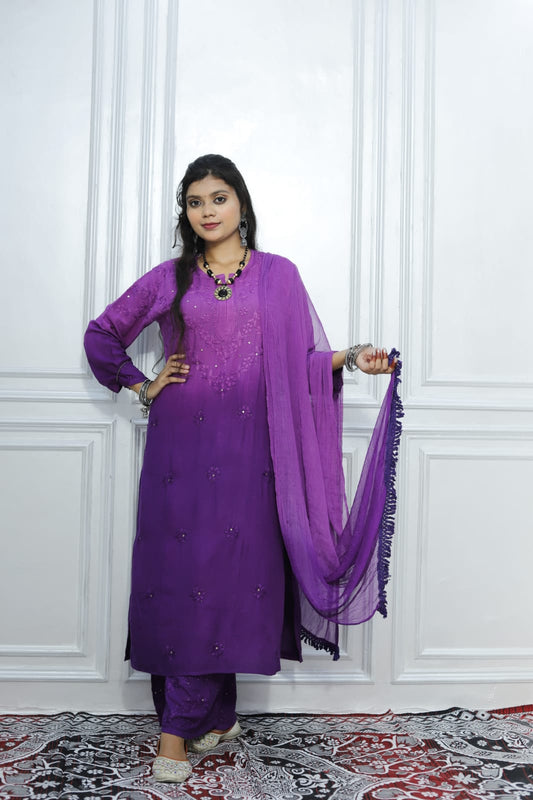 Most Comfortabe Rayon Ombrae Hand Embroidered Full Suit