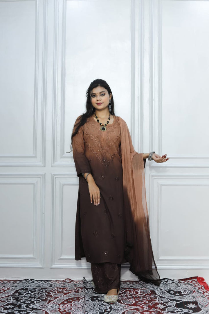 Most Comfortabe Rayon Ombrae Hand Embroidered Full Suit