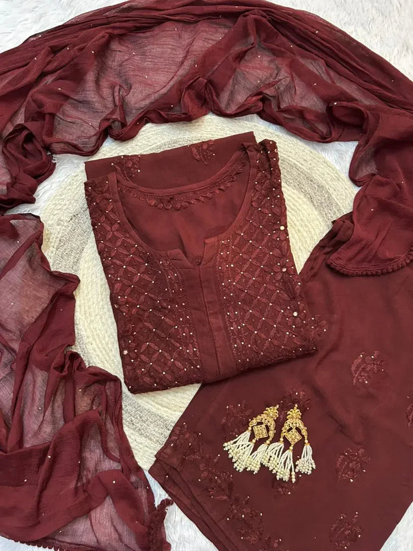 Nagma Brown Rayon Mukesh- Chikankari Set