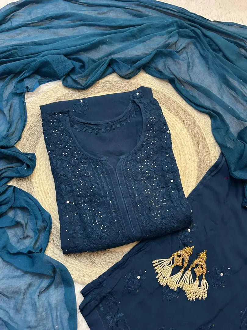 Nagma Brown Rayon Mukesh- Chikankari Set