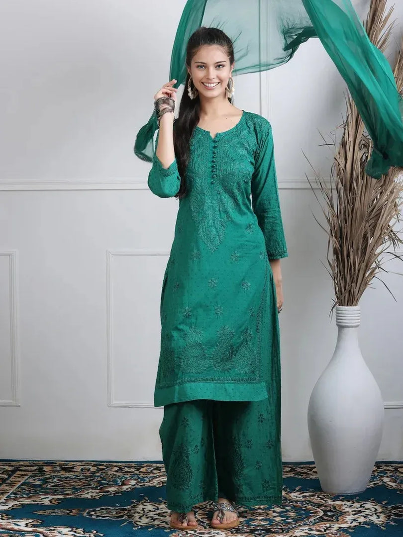 Dobby Cotton 3 piece Set Kurti, Dupatta & Plazzo