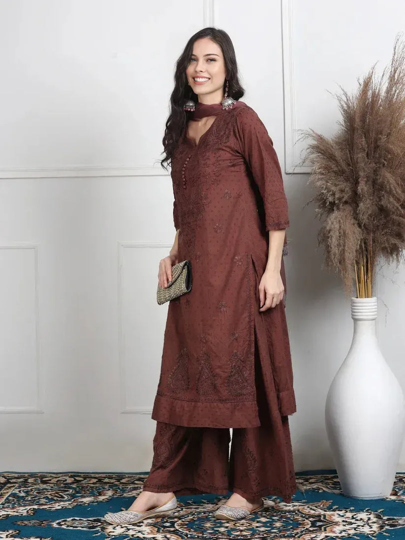Dobby Cotton 3 piece Set Kurti, Dupatta & Plazzo