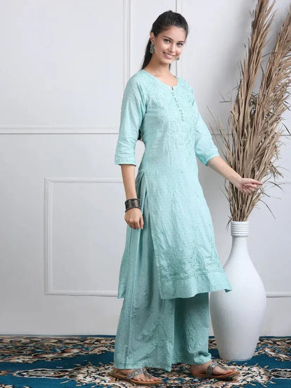 Dobby Cotton 3 piece Set Kurti, Dupatta & Plazzo