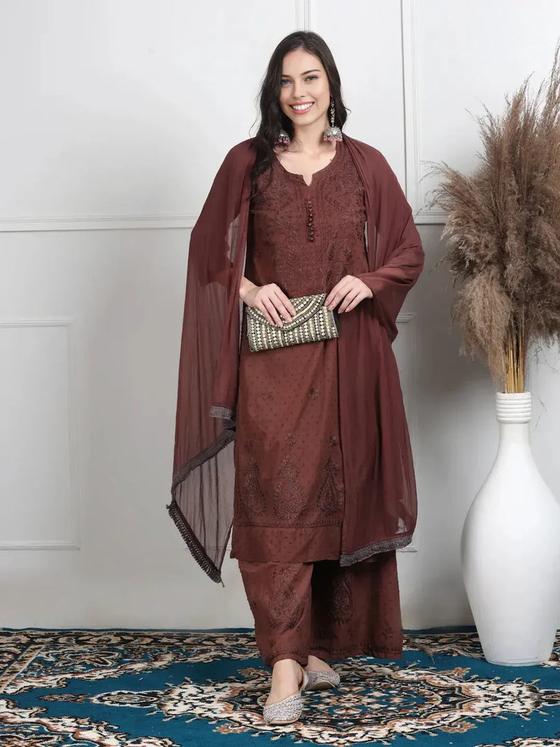 Dobby Cotton 3 piece Set Kurti, Dupatta & Plazzo