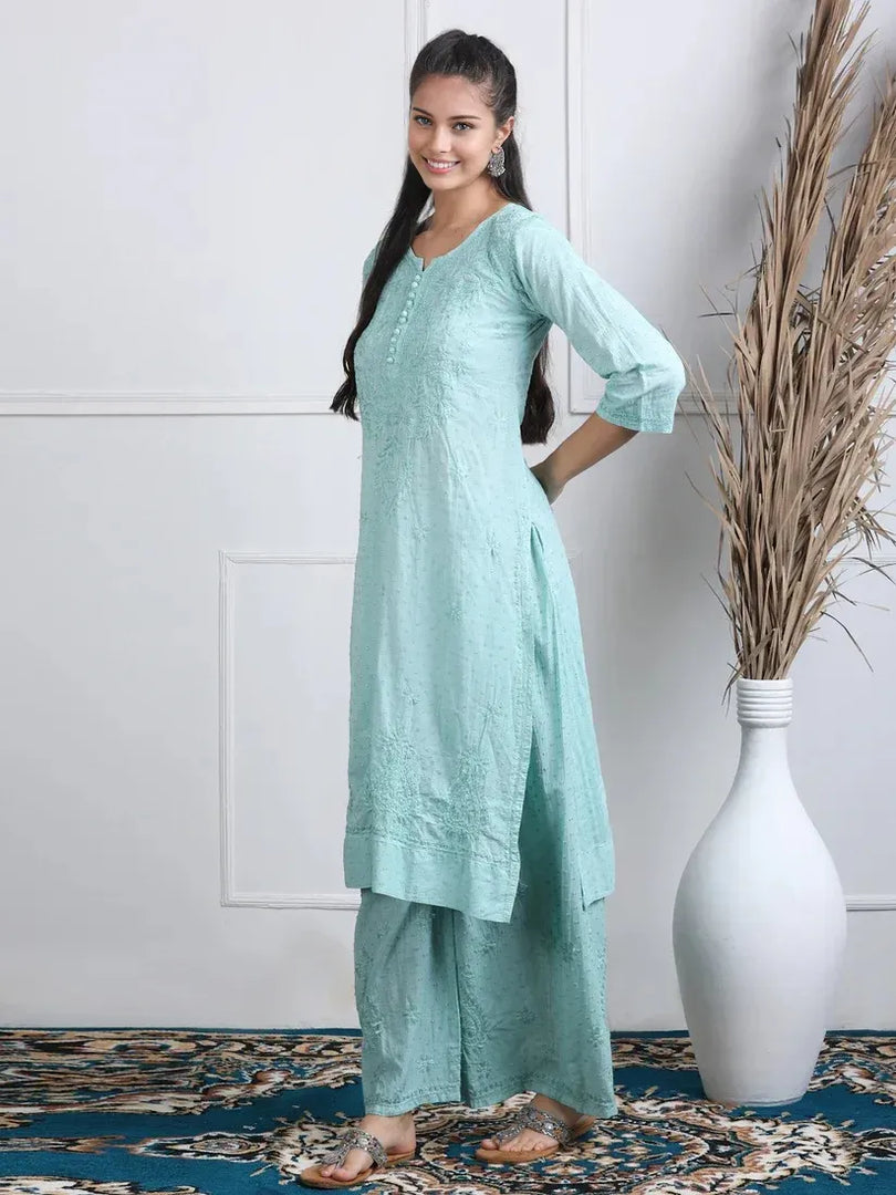 Dobby Cotton 3 piece Set Kurti, Dupatta & Plazzo