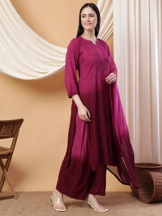 Most Comfortabe Rayon Ombrae Hand Embroidered Full Suit