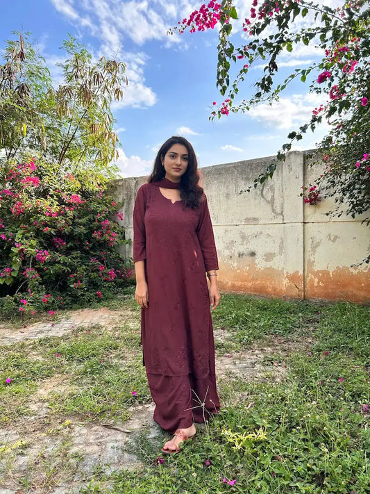 aastha Brown Rayon Chikankari Suit Set