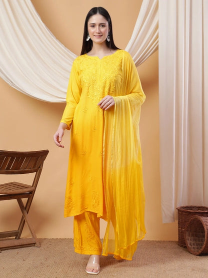 Most Comfortabe Rayon Ombrae Hand Embroidered Full Suit