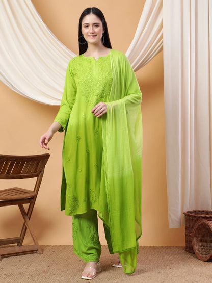 Most Comfortabe Rayon Ombrae Hand Embroidered Full Suit