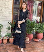 Load image into Gallery viewer, Ayat Mukaish Work Straight Kurta, Dupatta &amp; Sharara Set With Self Tone Chikankari Embroidery
